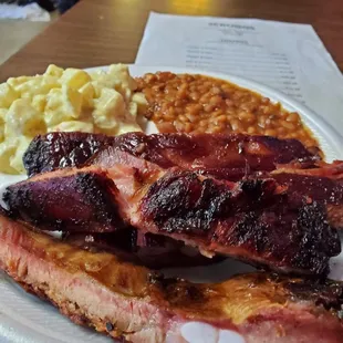 Ribs and potato salad and beans