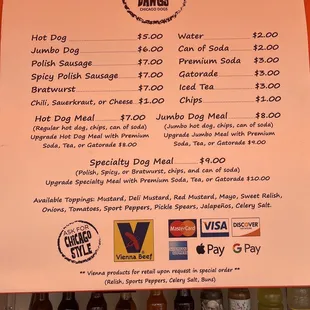 a menu with prices