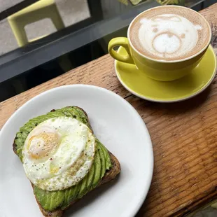 Avocado toast with egg and a malted mocha