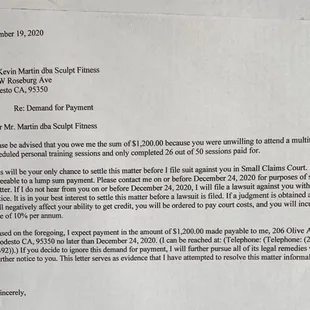 Letter of intent to sue