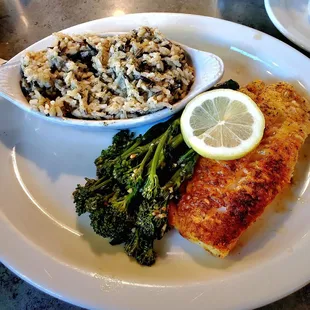 Lemon baked cod w wild rice.