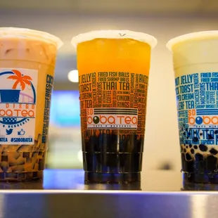 three different flavors of boba tea