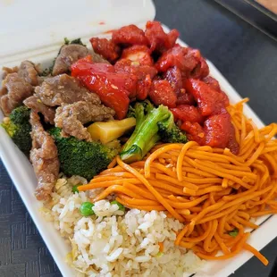 2 item combination (broccoli beef and orange chicken) with half chow mein and half fried rice