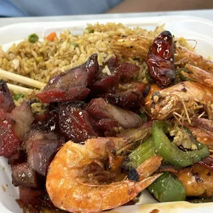 Char siu, fried rice, shrimp