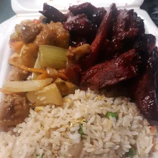 Fried rice, Kampo chicken,  and BBQ pork.