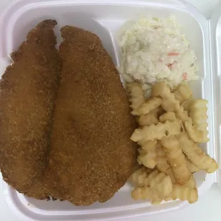 fried fish, macaroni, and cheese
