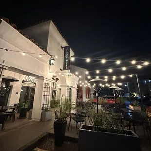 Outside patio with string lights and heat lamps!