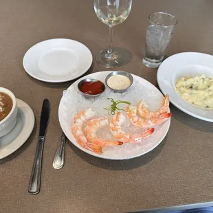 Cup of shrimp Seafood Gumbo, Shrimp Cocktailshrimp small, whipped potatoes with roasted poblano