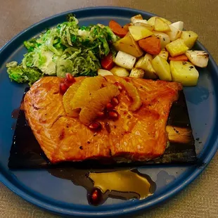 Cedar plank trout with Brussels sprouts and root vegetables