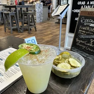 Spicy pickles and a jalapeño margarita