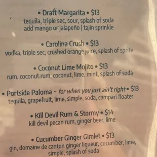 Cocktail menu