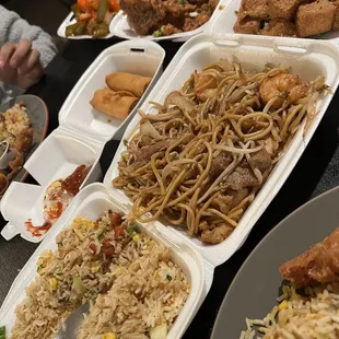 Pork Fried Rice, House Special LoMein, Salt n Pepper Tofo, S&amp;P Porkchop, Egg Rolls