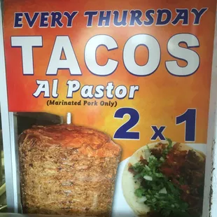 Thursday Tacos Al Pastor two for $1.00