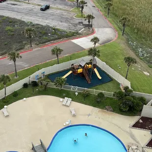 Pool and playground. They said pool was heated, but that water was cold !!! Lol
