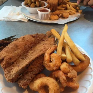 Black Bass, shrimp and hushpuppies!