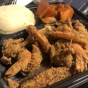 Shrimp and whiting with mashed potatoes and sweet potatoes