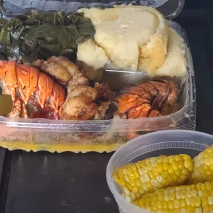 Garlic butter lobster tails. Mashed potatoes. Collards. Corn. Yummy!