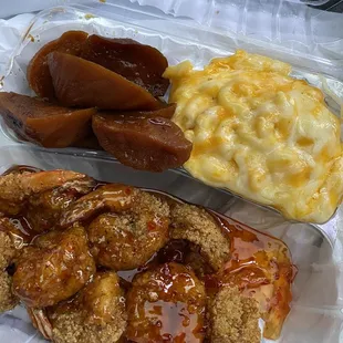 Sweet chili Shrimp Macaroni and Cheese (Personal Size Pan) Candied Yams