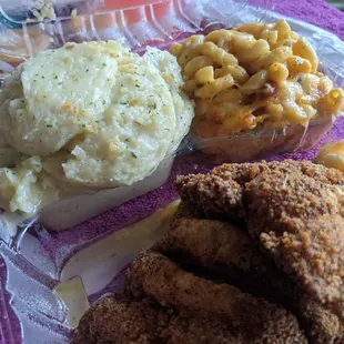 Fried Catfish, Mac and cheese, and garlic butter Mashed potatoes (YUM)