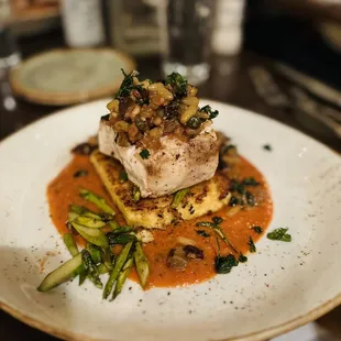 Swordfish with Cheesy Grit Cake