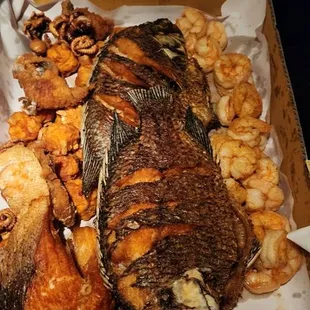 Salmon steak, catfish nugget, baby octopus, lobster ball, peeled shrimp and talapia