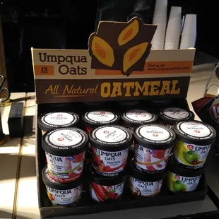 a display of coffee and fruit