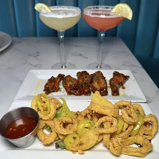 Sweet Chili Thai Wings with Lemon Pepper Sprinkles and Calamari (on Happy Hour Menu)