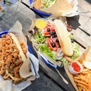Crawfish Po&apos;boy, House Salad, Fry Basket, Scallop Tacos