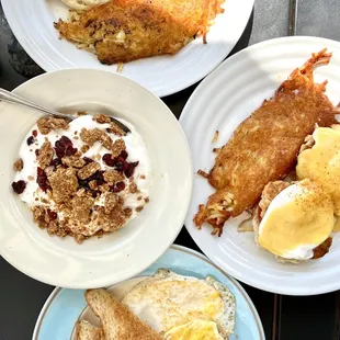 Eggs Benny, crab benny, toast, eggs, yogurt bowl