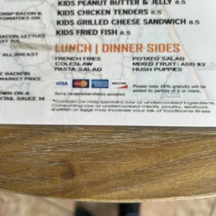 Kids menu with a real peanut butter and jelly sandwich.