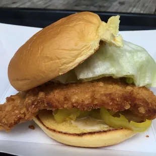 Pork schnitzel sandwich.