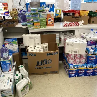 boxes of toilet paper and other items