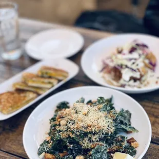 Kale Caesar Salad, Old Town Grilled Cheese, and Beer Battered Avo Taco