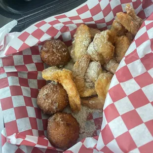 Fried shrimp with hush puppies and lemon pepper dusting
