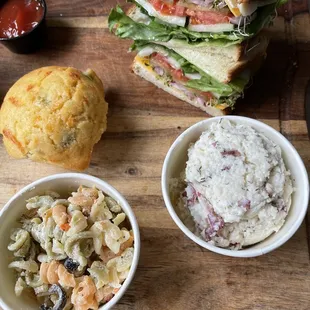 Fresh jalapeño muffing, pasta salad, potato salad