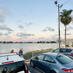 Parking area looking East, restaurant to the right with outdoor courtyard