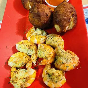 Stuffed shrimp (with crab) and hush puppies.
