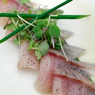 KANPACHI YUZU 
 
 amberjack sashimi, yuzu sauce, kosho, &amp; lime zest
