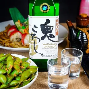 Garlic Edamame and Wakatake Onikoroshi Sake