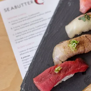 Hon Maguro
 
 1 piece nigiri of each: bluefin tuna, toro,
 emma, &amp; seared toro
