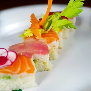 RAINBOW Pressed Sushi
 
 blue crab &amp; avocado topped with salmon,
 yellowtail, tuna and albacore