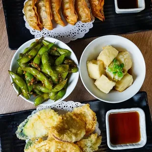 Gyoza, garlic edamame, agedashi tofu, vegetable tempura