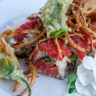 TUNA SHISHITO -spicy tuna, shishito tempura, tuna sashimi, dried shallots on top