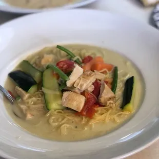 Might have been garlic noodles with chicken. Clam Chowder in the background.