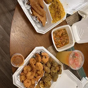 1 Dozen Shrimp 1 Pieces Tilapia and 6 Pieces Shrimp Fried Broccoli Corn on The Cob Yellow Rice Homemade Strawberry Lemonade