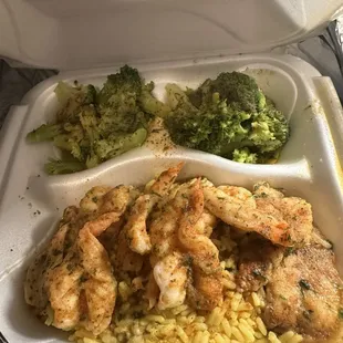 Shrimp with yellow rice and broccoli