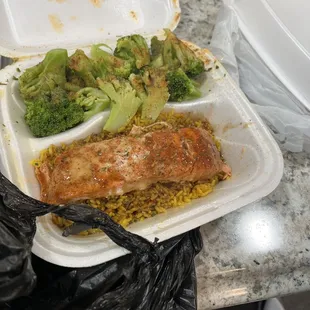 Honey teriyaki salmon over rice with broccoli