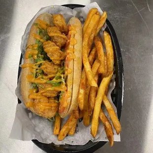  basket of fries and a sandwich