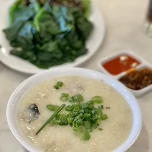 Porridge w/ Ground Pork &amp; Century Egg | Chinese Broccoli with Oyster Sauce