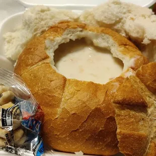 Clam chowder bread bowl
